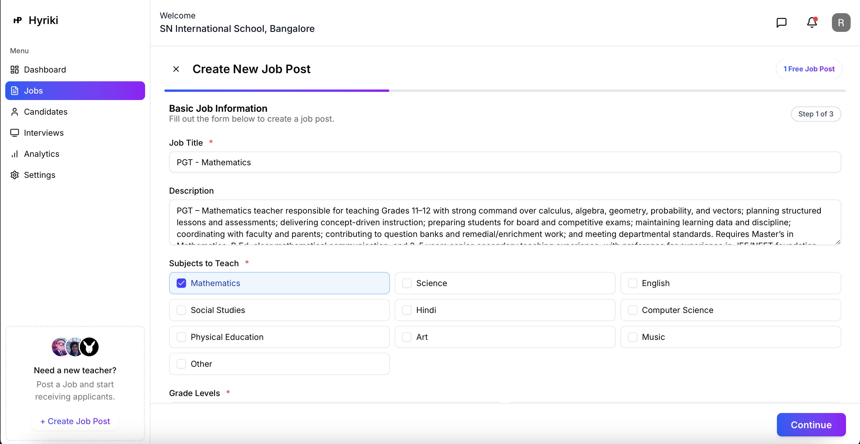 Create Job Post interface screenshot